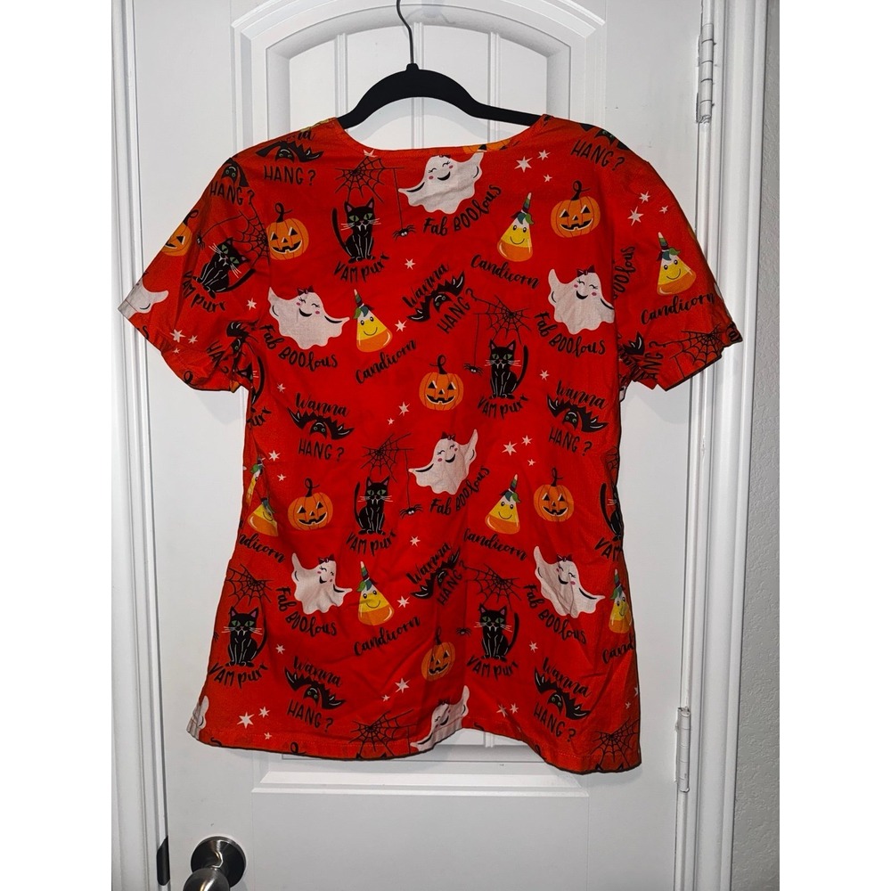 ScrubStar Halloween Scrub Top Women's V-Neck Orange Cats Ghosts Pumpkins Nurse - Picture 2 of 6